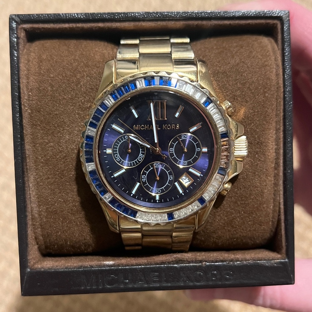 Michael Kors Blair Blue Crystal Chronograph Watch Gold Tone MK w/ Box - Picture 2 of 6